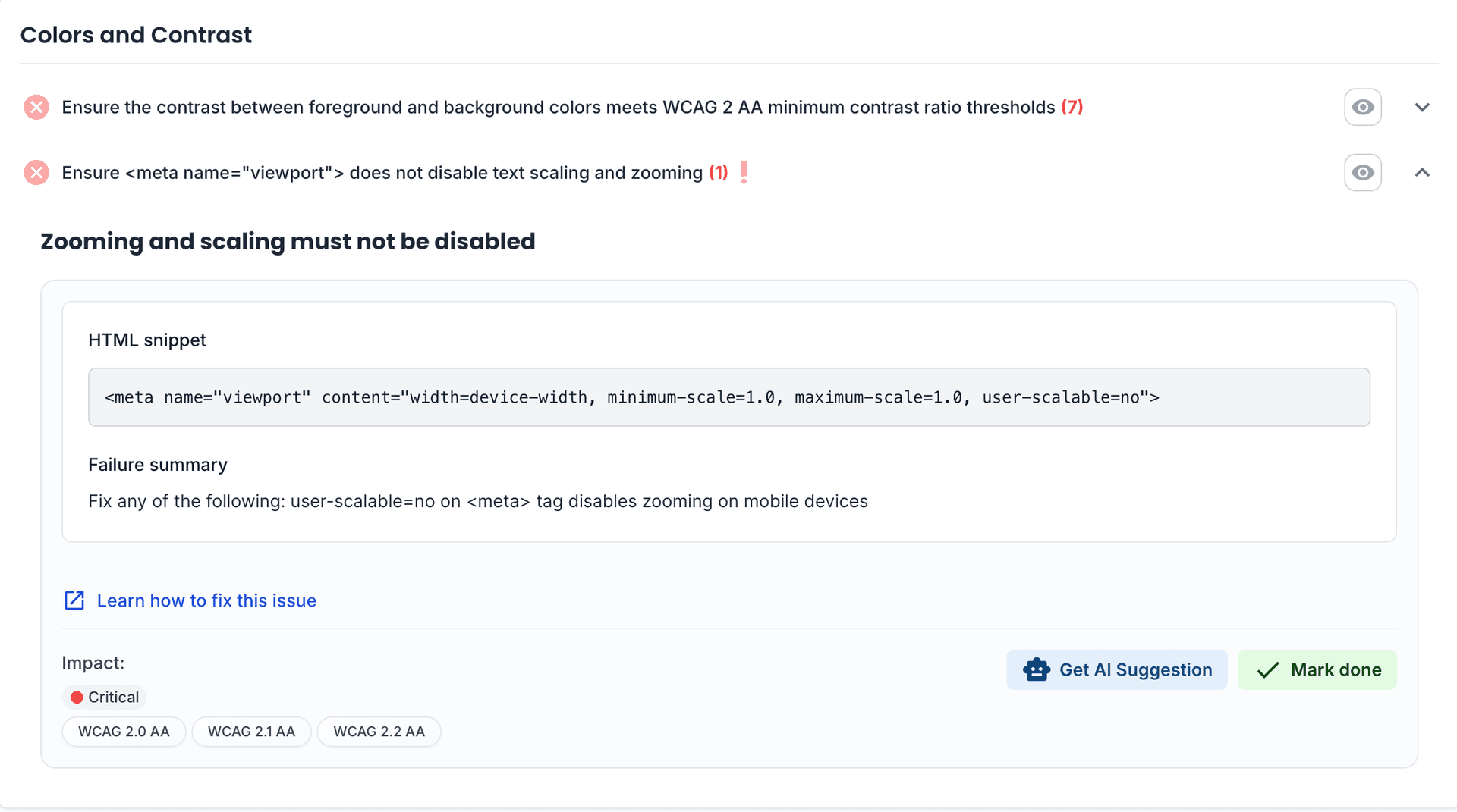 Violations list with issue details and impact badges