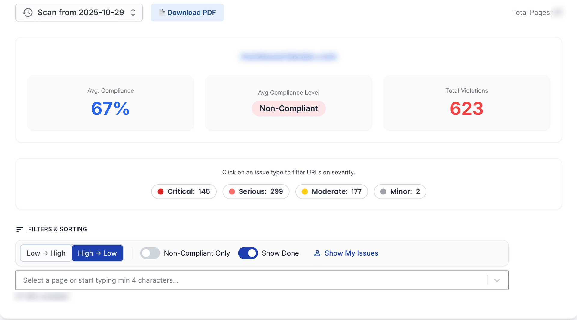 Results summary with compliance percentage and total violations