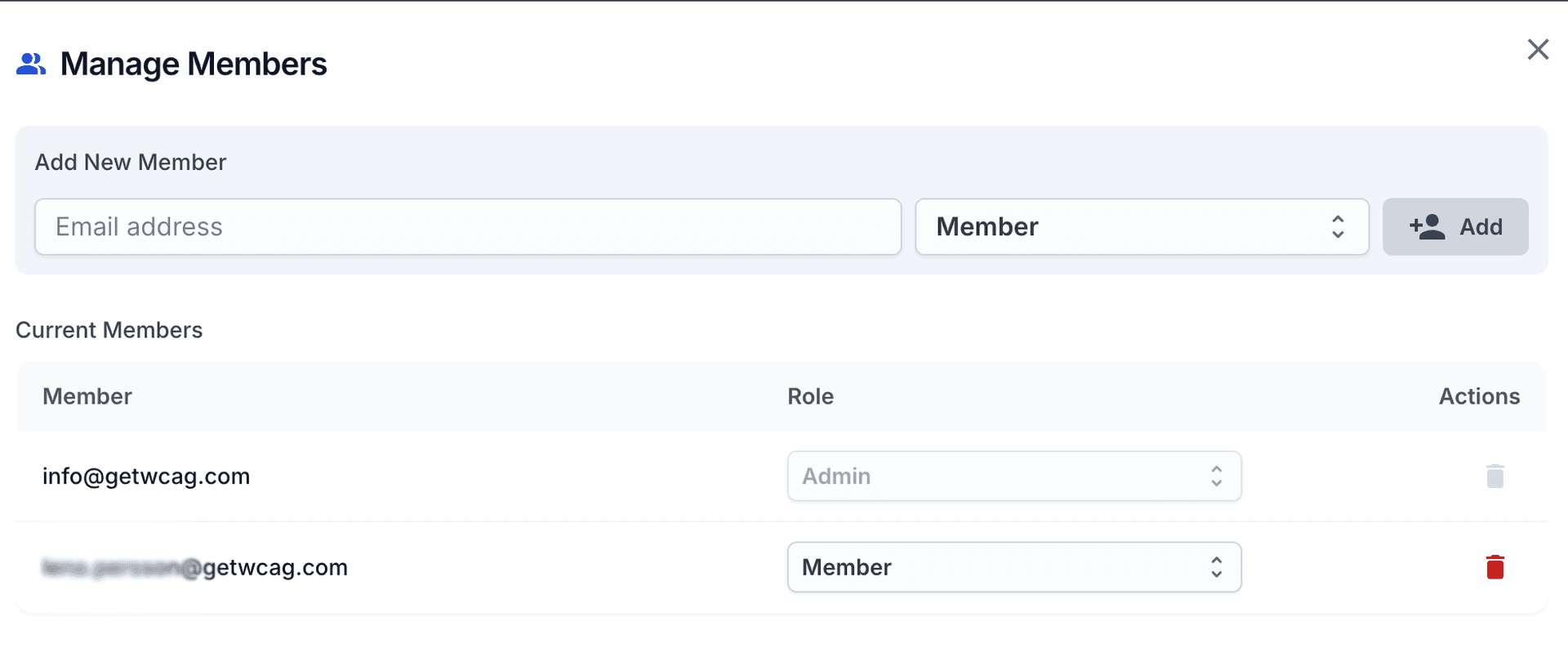 Manage members modal showing role selector and add member